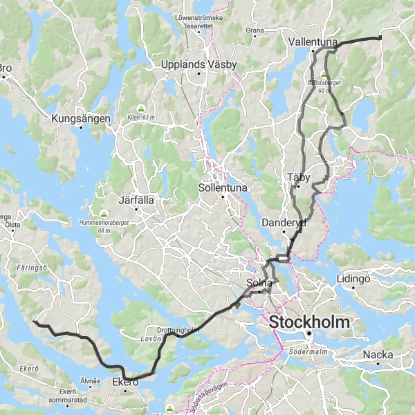 Kartminiatyr av "Solna och Täbymonumentet Runt" cykelinspiration i Stockholm, Sweden. Genererad av Tarmacs.app cykelruttplanerare