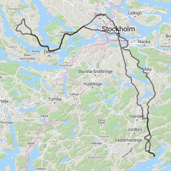 Kartminiatyr av "Söderby och Trollbäcken Loop" cykelinspiration i Stockholm, Sweden. Genererad av Tarmacs.app cykelruttplanerare