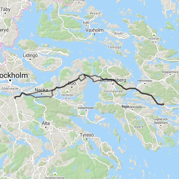 Kartminiatyr av "Kustnära upplevelser och vacker natur" cykelinspiration i Stockholm, Sweden. Genererad av Tarmacs.app cykelruttplanerare