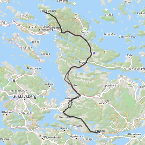 Map miniature of "Hemmesta and Orgelberget Loop" cycling inspiration in Stockholm, Sweden. Generated by Tarmacs.app cycling route planner