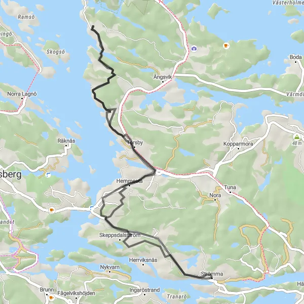 Map miniature of "Strömma and Märkberget Loop" cycling inspiration in Stockholm, Sweden. Generated by Tarmacs.app cycling route planner