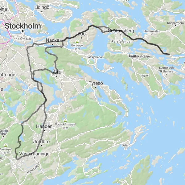 Map miniature of "Mölnvik and Gustavsberg Extended Loop" cycling inspiration in Stockholm, Sweden. Generated by Tarmacs.app cycling route planner