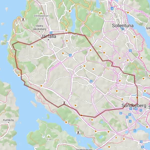 Kartminiatyr av "Grustur runt Vällingby och Jakobsberg" cykelinspiration i Stockholm, Sweden. Genererad av Tarmacs.app cykelruttplanerare