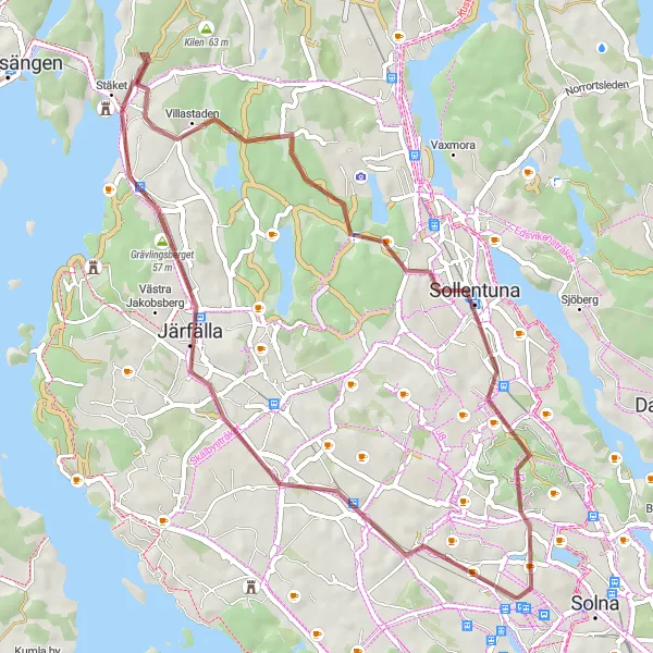 Kartminiatyr av "Grusvägscykling till Jakobsberg" cykelinspiration i Stockholm, Sweden. Genererad av Tarmacs.app cykelruttplanerare