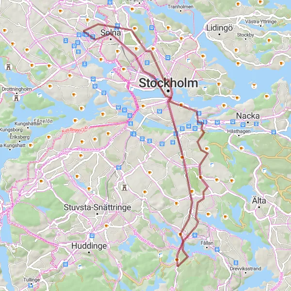 Kartminiatyr av "49 km Gravelcykling genom Stockholm" cykelinspiration i Stockholm, Sweden. Genererad av Tarmacs.app cykelruttplanerare