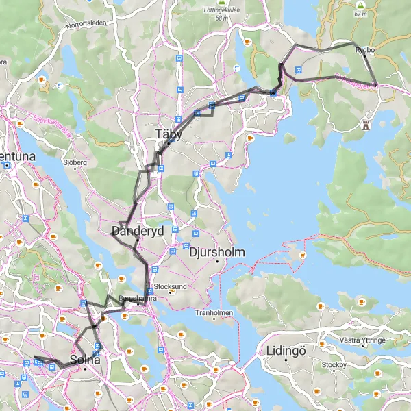 Kartminiatyr av "Vägcykling till Täby och Ulkriksdal's Castle" cykelinspiration i Stockholm, Sweden. Genererad av Tarmacs.app cykelruttplanerare