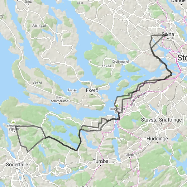 Kartminiatyr av "89 km Stockholm och dess Natursköna Omgivningar Roadcykling" cykelinspiration i Stockholm, Sweden. Genererad av Tarmacs.app cykelruttplanerare