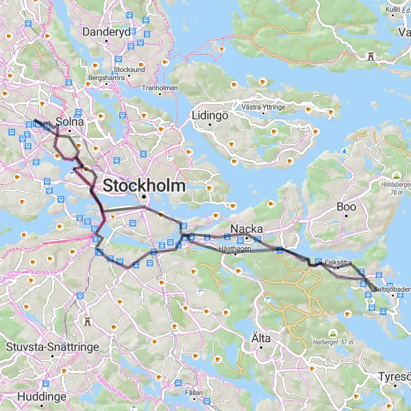 Kartminiatyr av "55 km Roadcykling runt Stockholm" cykelinspiration i Stockholm, Sweden. Genererad av Tarmacs.app cykelruttplanerare