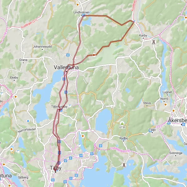Kartminiatyr av "Vallentunas Grusvägar" cykelinspiration i Stockholm, Sweden. Genererad av Tarmacs.app cykelruttplanerare