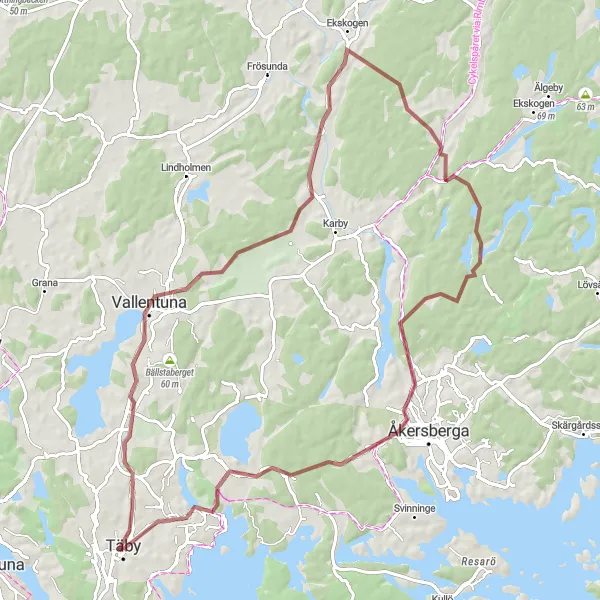 Kartminiatyr av "Utforska Vallentuna på grusvägar" cykelinspiration i Stockholm, Sweden. Genererad av Tarmacs.app cykelruttplanerare