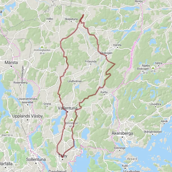 Map miniature of "Gravel Exploration to Vadaby" cycling inspiration in Stockholm, Sweden. Generated by Tarmacs.app cycling route planner