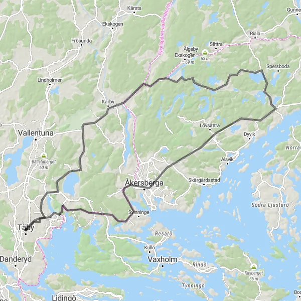 Map miniature of "Road Adventure to Arninge" cycling inspiration in Stockholm, Sweden. Generated by Tarmacs.app cycling route planner