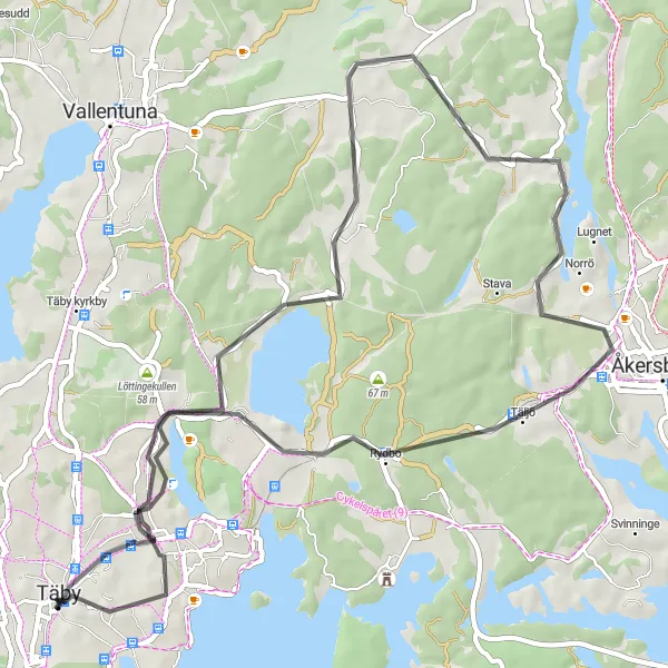 Map miniature of "Countryside Road Escapade via Gribbylund" cycling inspiration in Stockholm, Sweden. Generated by Tarmacs.app cycling route planner