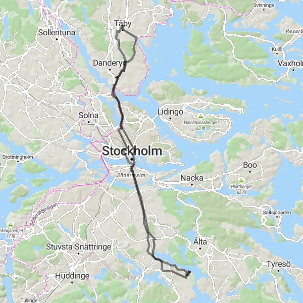 Map miniature of "Stockholm Suburban Ride" cycling inspiration in Stockholm, Sweden. Generated by Tarmacs.app cycling route planner