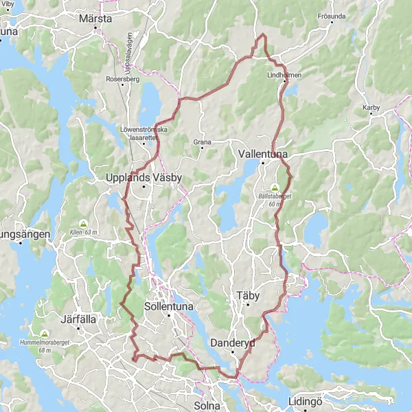 Map miniature of "Tensta to Granholmstoppen Gravel Adventure" cycling inspiration in Stockholm, Sweden. Generated by Tarmacs.app cycling route planner