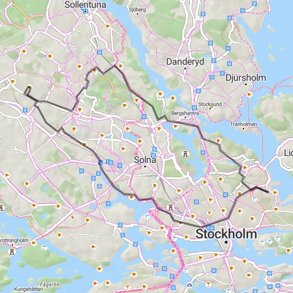 Kartminiatyr av "Järva Krog och Solhem Cykelväg" cykelinspiration i Stockholm, Sweden. Genererad av Tarmacs.app cykelruttplanerare