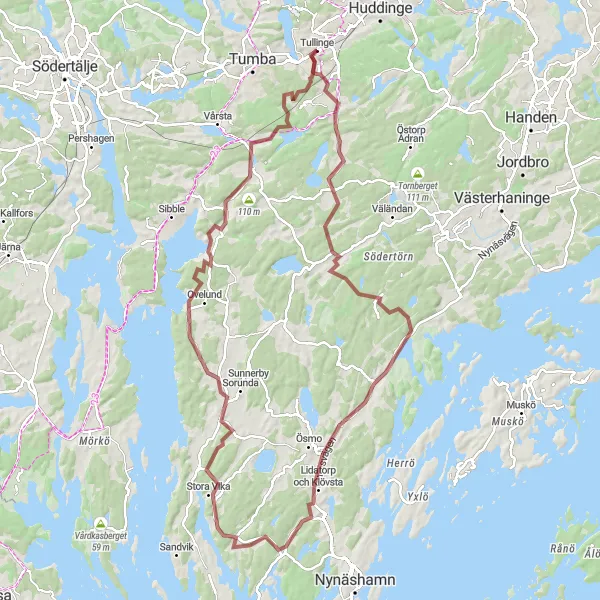 Kartminiatyr av "Grusvägsrundtur runt Tullinge" cykelinspiration i Stockholm, Sweden. Genererad av Tarmacs.app cykelruttplanerare