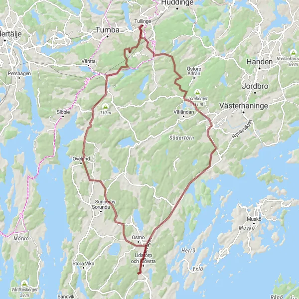 Map miniature of "The Lida Gravel Adventurer" cycling inspiration in Stockholm, Sweden. Generated by Tarmacs.app cycling route planner