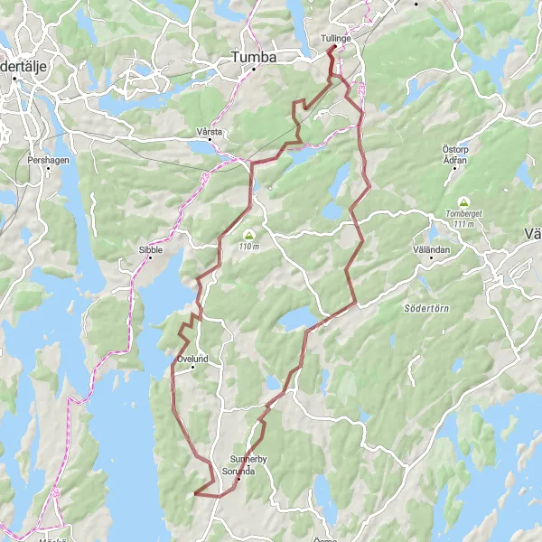 Map miniature of "Tullinge gravel adventure to Grödby and back" cycling inspiration in Stockholm, Sweden. Generated by Tarmacs.app cycling route planner