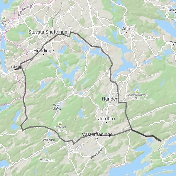 Kartminiatyr av "Söder om Stockholm" cykelinspiration i Stockholm, Sweden. Genererad av Tarmacs.app cykelruttplanerare