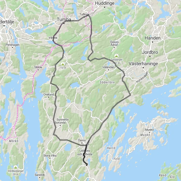 Map miniature of "Tullinge to Häringe Slott and back" cycling inspiration in Stockholm, Sweden. Generated by Tarmacs.app cycling route planner