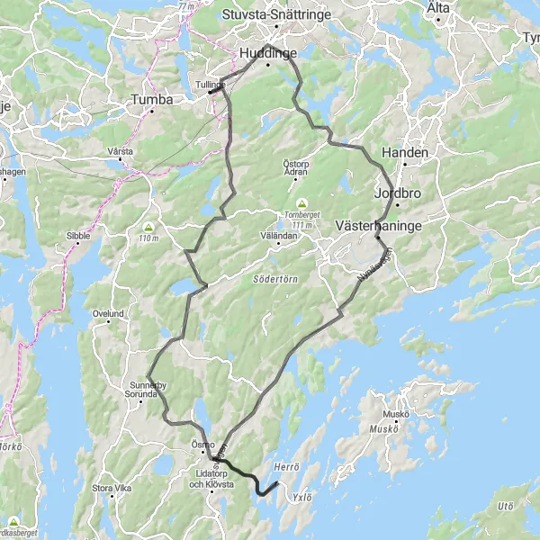 Map miniature of "Tullinge to Häringe Slott and back (alternative route)" cycling inspiration in Stockholm, Sweden. Generated by Tarmacs.app cycling route planner