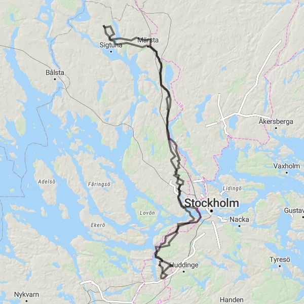 Map miniature of "Tullinge to Sigtuna exploring multiple towns" cycling inspiration in Stockholm, Sweden. Generated by Tarmacs.app cycling route planner
