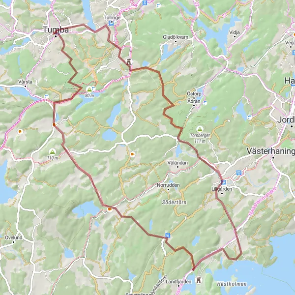 Map miniature of "Tumba to Tullinge Loop" cycling inspiration in Stockholm, Sweden. Generated by Tarmacs.app cycling route planner