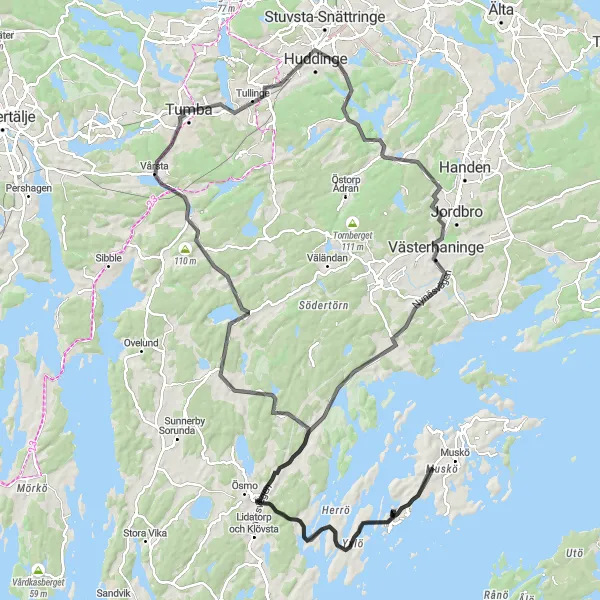 Kartminiatyr av "Historisk tur runt Tumba" cykelinspiration i Stockholm, Sweden. Genererad av Tarmacs.app cykelruttplanerare