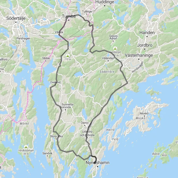 Map miniature of "Tumba to Nynäshamn Route" cycling inspiration in Stockholm, Sweden. Generated by Tarmacs.app cycling route planner