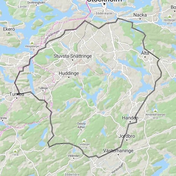 Kartminiatyr av "Tumba - Älta Tour" cykelinspiration i Stockholm, Sweden. Genererad av Tarmacs.app cykelruttplanerare