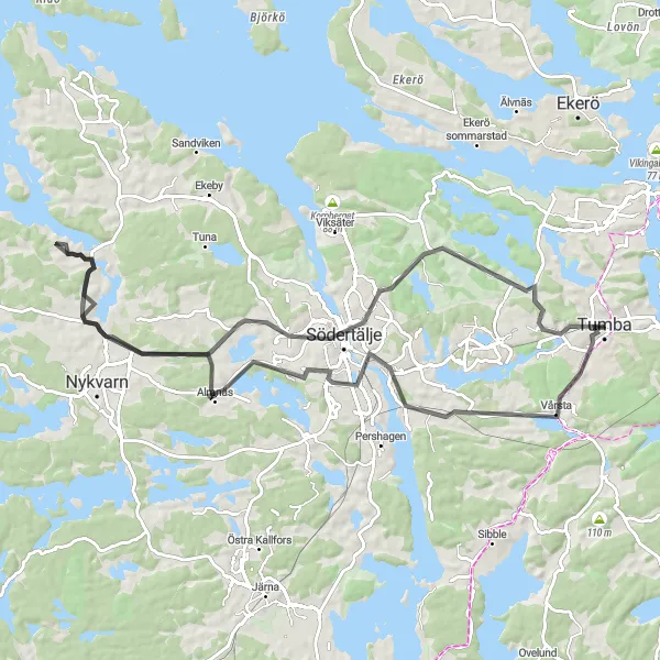 Kartminiatyr av "Tumba - Södertälje Loop" cykelinspiration i Stockholm, Sweden. Genererad av Tarmacs.app cykelruttplanerare