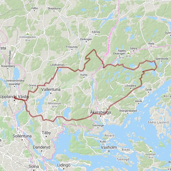Kartminiatyr av "Grusväg till Arninge och Vira bruk" cykelinspiration i Stockholm, Sweden. Genererad av Tarmacs.app cykelruttplanerare