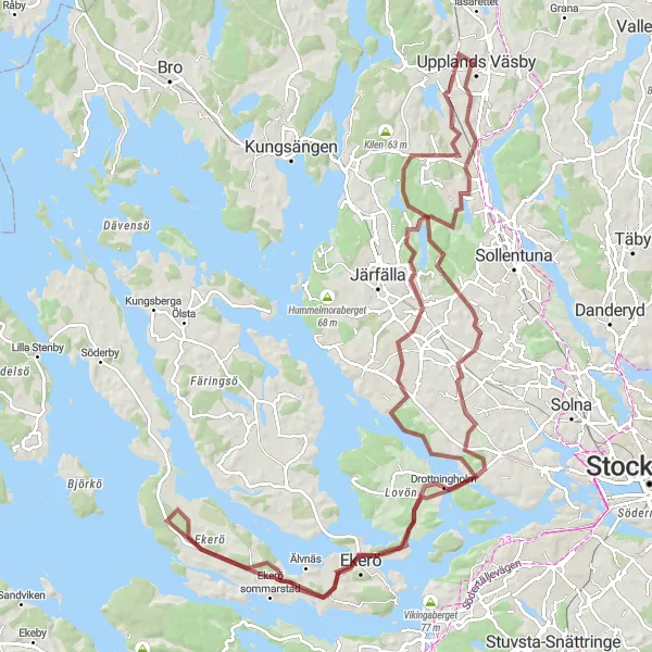 Map miniature of "Gravel Adventure to Upplands Väsby" cycling inspiration in Stockholm, Sweden. Generated by Tarmacs.app cycling route planner