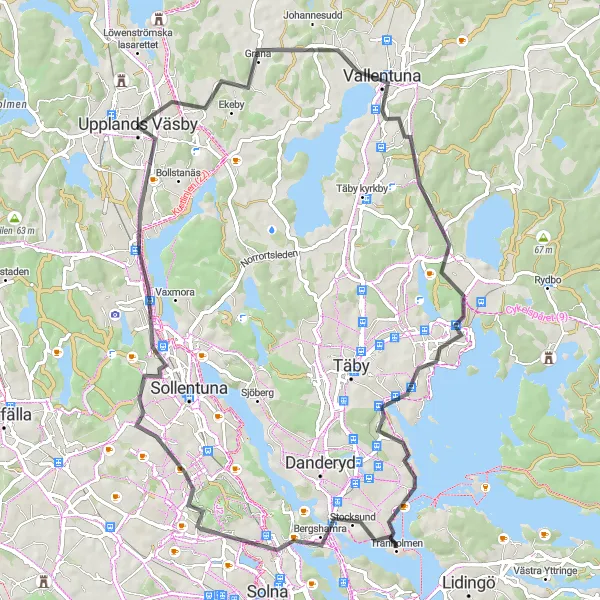 Map miniature of "Scenic Road Cycling Route to Upplands Väsby and Sollentuna" cycling inspiration in Stockholm, Sweden. Generated by Tarmacs.app cycling route planner