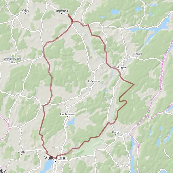 Map miniature of "Vallentuna Gravel Adventure" cycling inspiration in Stockholm, Sweden. Generated by Tarmacs.app cycling route planner