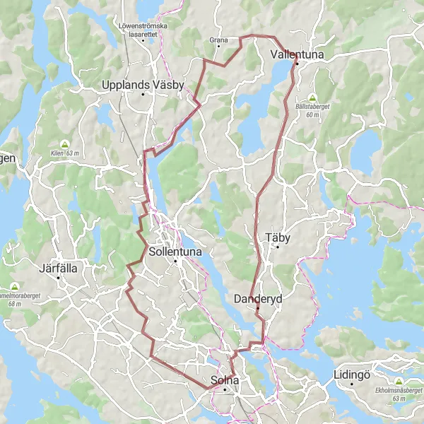 Map miniature of "Vallentuna Countryside Gravel Loop" cycling inspiration in Stockholm, Sweden. Generated by Tarmacs.app cycling route planner