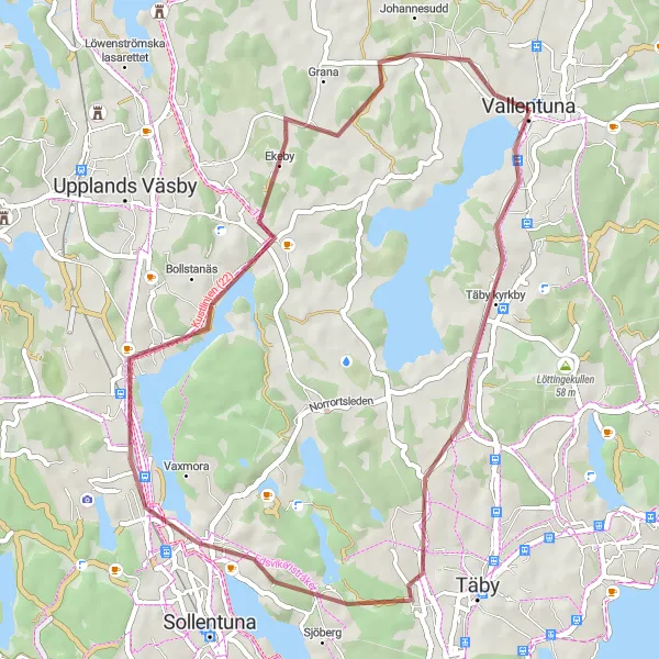 Kartminiatyr av "Vallentuna - Rotebro grusvägen" cykelinspiration i Stockholm, Sweden. Genererad av Tarmacs.app cykelruttplanerare