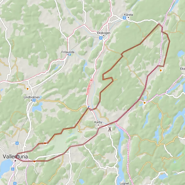 Map miniature of "Vallentuna Gravel Adventure" cycling inspiration in Stockholm, Sweden. Generated by Tarmacs.app cycling route planner