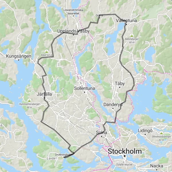 Map miniature of "Vallentuna to Upplands Väsby Loop (Road)" cycling inspiration in Stockholm, Sweden. Generated by Tarmacs.app cycling route planner