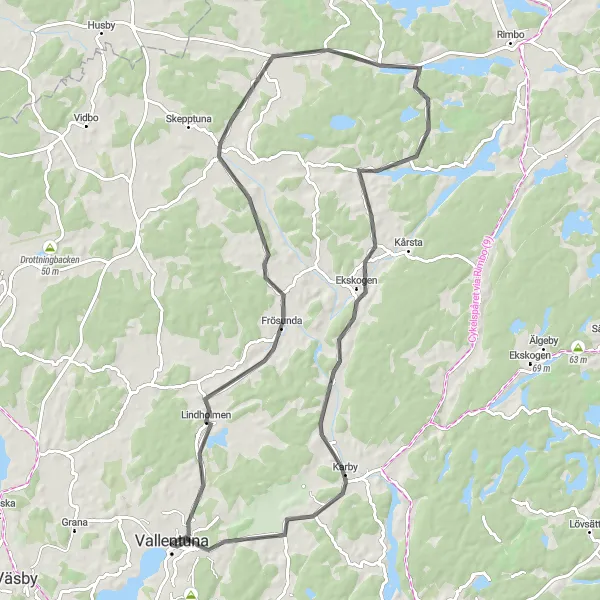 Map miniature of "Vallentuna to Klosterbacken Loop (Road)" cycling inspiration in Stockholm, Sweden. Generated by Tarmacs.app cycling route planner