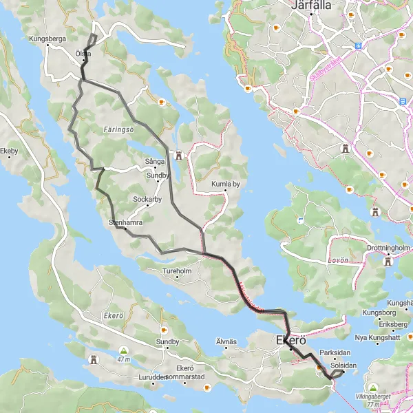 Map miniature of "Short Road Cycling to Ekerö" cycling inspiration in Stockholm, Sweden. Generated by Tarmacs.app cycling route planner