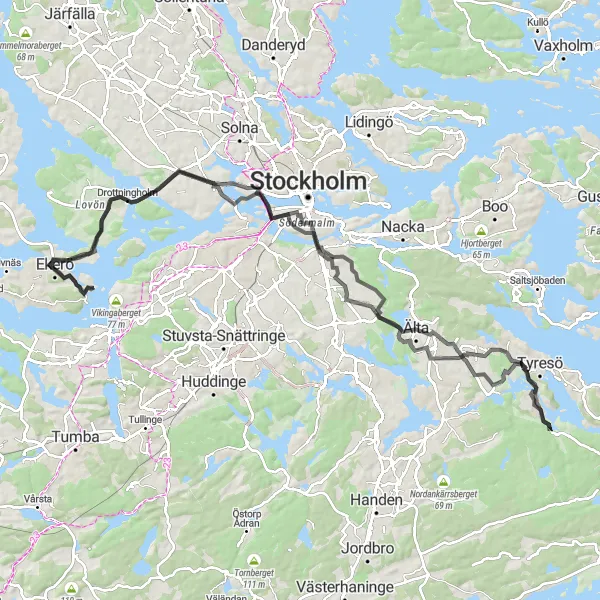 Kartminiatyr av "Äventyrlig roadcykeltur från Vårby till Ekerö" cykelinspiration i Stockholm, Sweden. Genererad av Tarmacs.app cykelruttplanerare