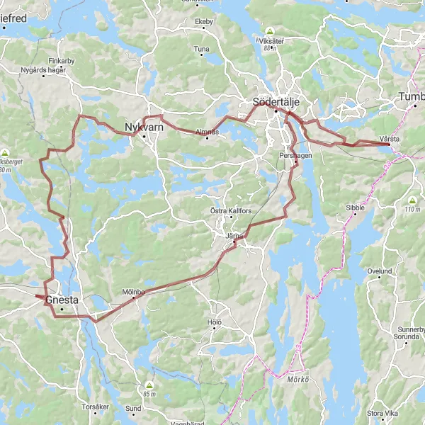 Map miniature of "Vårsta Gravel Adventure" cycling inspiration in Stockholm, Sweden. Generated by Tarmacs.app cycling route planner