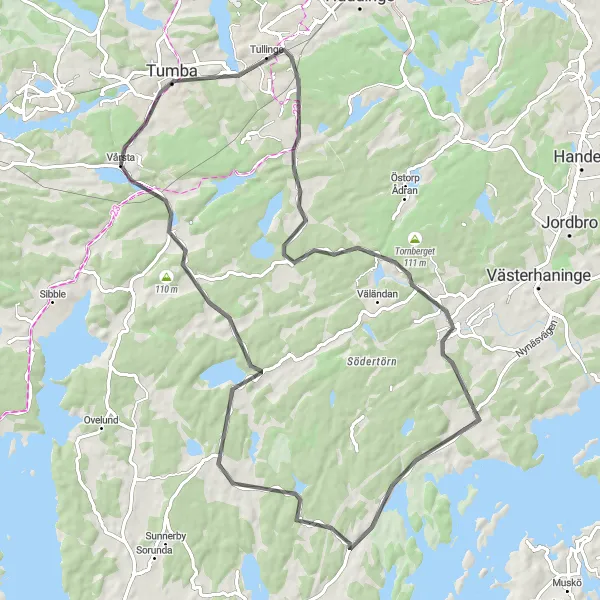 Map miniature of "Explore the Southern Suburbs" cycling inspiration in Stockholm, Sweden. Generated by Tarmacs.app cycling route planner