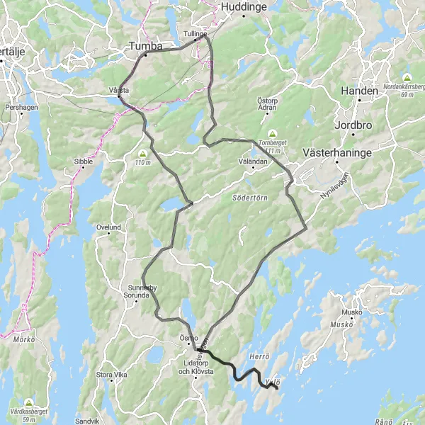 Map miniature of "Södertörn Coastal Ride" cycling inspiration in Stockholm, Sweden. Generated by Tarmacs.app cycling route planner