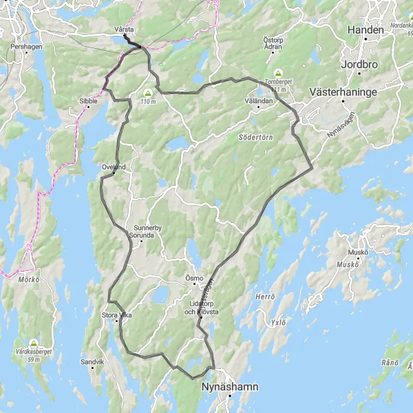Map miniature of "Serene Ride through Landfjärden" cycling inspiration in Stockholm, Sweden. Generated by Tarmacs.app cycling route planner