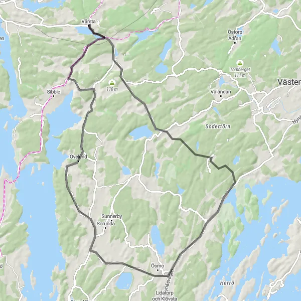 Map miniature of "Vårsta to Norrga Round-Trip" cycling inspiration in Stockholm, Sweden. Generated by Tarmacs.app cycling route planner