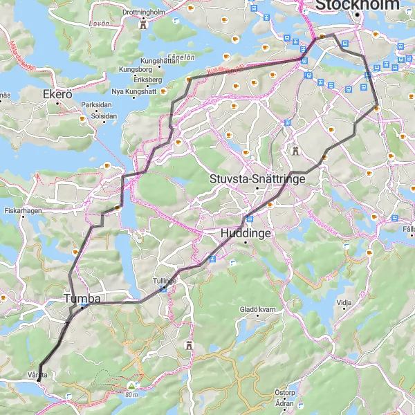 Map miniature of "Vårsta to Bremora Round-Trip" cycling inspiration in Stockholm, Sweden. Generated by Tarmacs.app cycling route planner