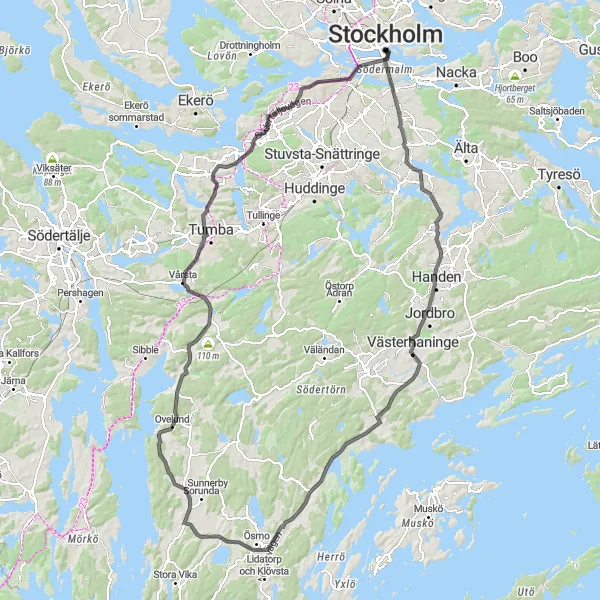 Map miniature of "Vasastan to Västerhaninge Loop" cycling inspiration in Stockholm, Sweden. Generated by Tarmacs.app cycling route planner